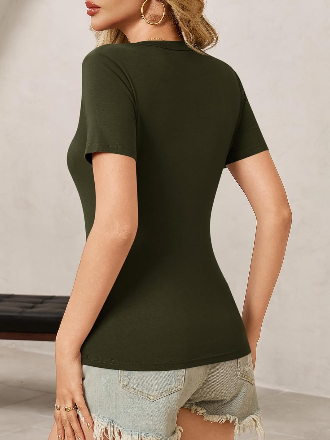 Womens Summer Sexy Short Sleeve Tshirt Tops Deep V Neck Shirts Casual Slim Fit Basic T-Shirt Tee - Image 5