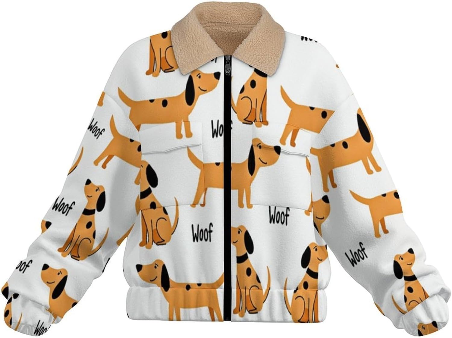 Womens Sherpa Lined Coats, Winter Warm Full Zip Cartoon Dog Printed Fleece Thicken Casual Long Sleeve Jackets