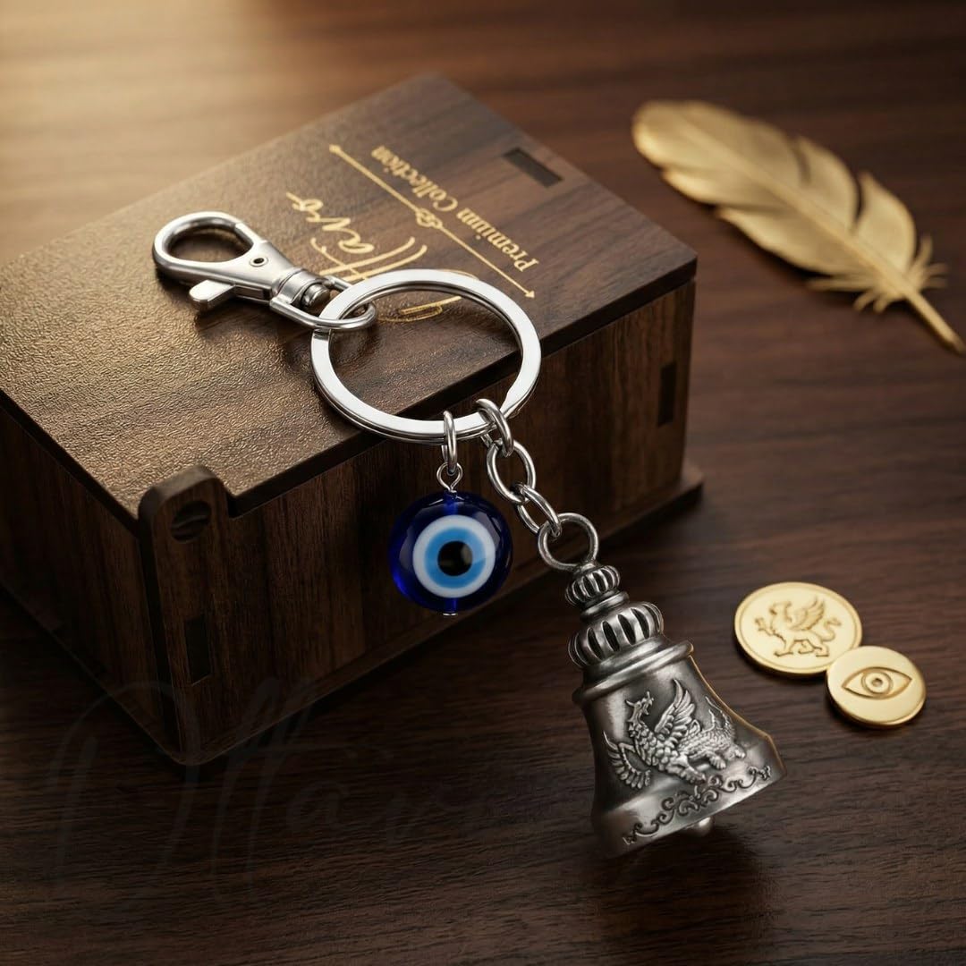 OTTAVO Premium Guardian Bell Keychain for Bike & Car | Tibetan Texture Bell Keychain with Evil Eye & Silver Hook | Good Luck Charm with Laser-Engraved Wooden Gift Box (Antique Silver)