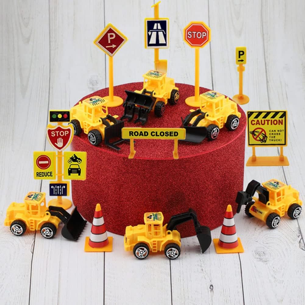 Newmemo Construction Cake Topper Vehicles Cake Decoration Set Truck Excavator Tower Crane Cupcake Topper Traffic and Road Sign Decor Happy Birthday Party Supplies Favors-16pcs