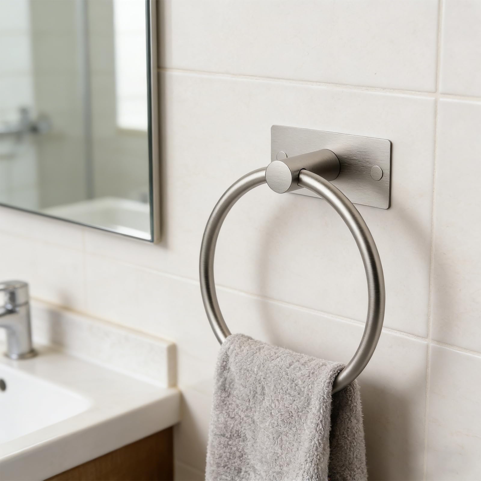 Ibergrif M34455A Toalleros Adhesivo, Dos métodos de instalación (Adhesivo y Perforación), Toallero de Anilla Baño Sin Taladro, Acero Inoxidable, Cepillado — view 4