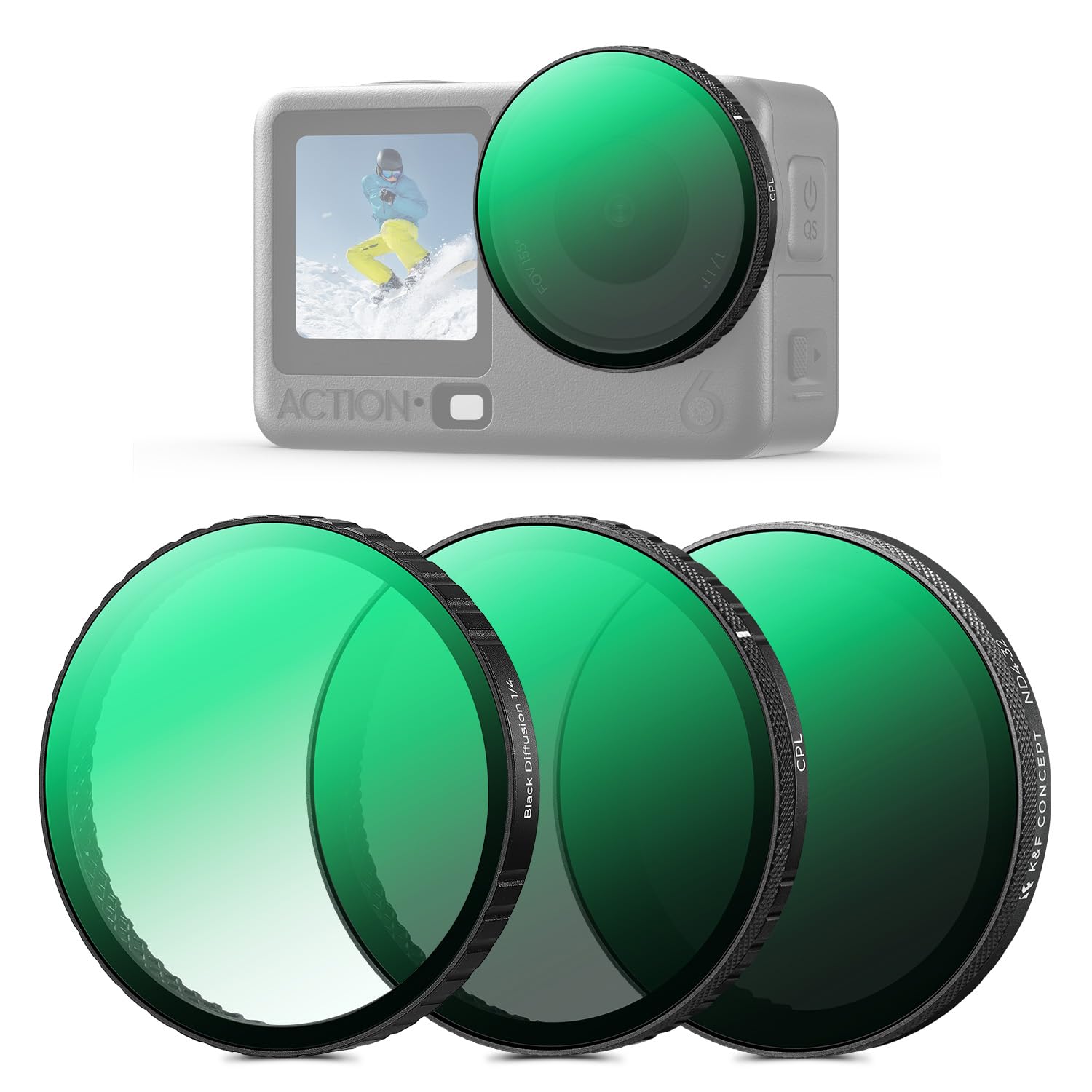 K&F CONCEPT Set di 3 Filtri a Clip CPL VND Black-Mist 1/4 compatibile con DJI Osmo Action 6, Confezione da CPL Black Promist 1/4 + ND4-32, Vetro Ottico HD Multirivestito, Accessorio per Action Camera