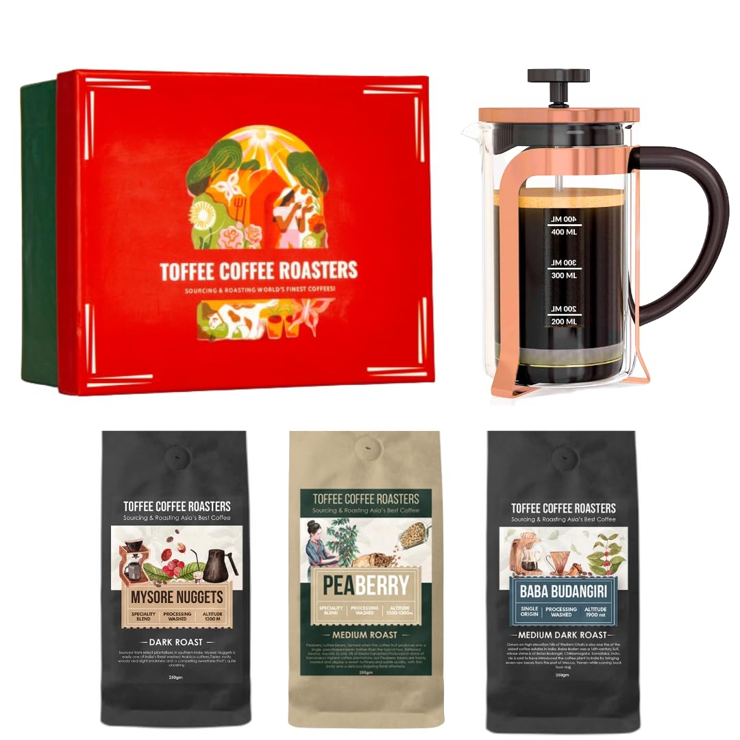 French Press Diwali Gift Set | Rose Gold French Press (350ml) + 3 Premium Coffees (Mysore Nuggets, Peaberry, Baba Budangiri – 60g Each) | Coffee Lovers Hamper