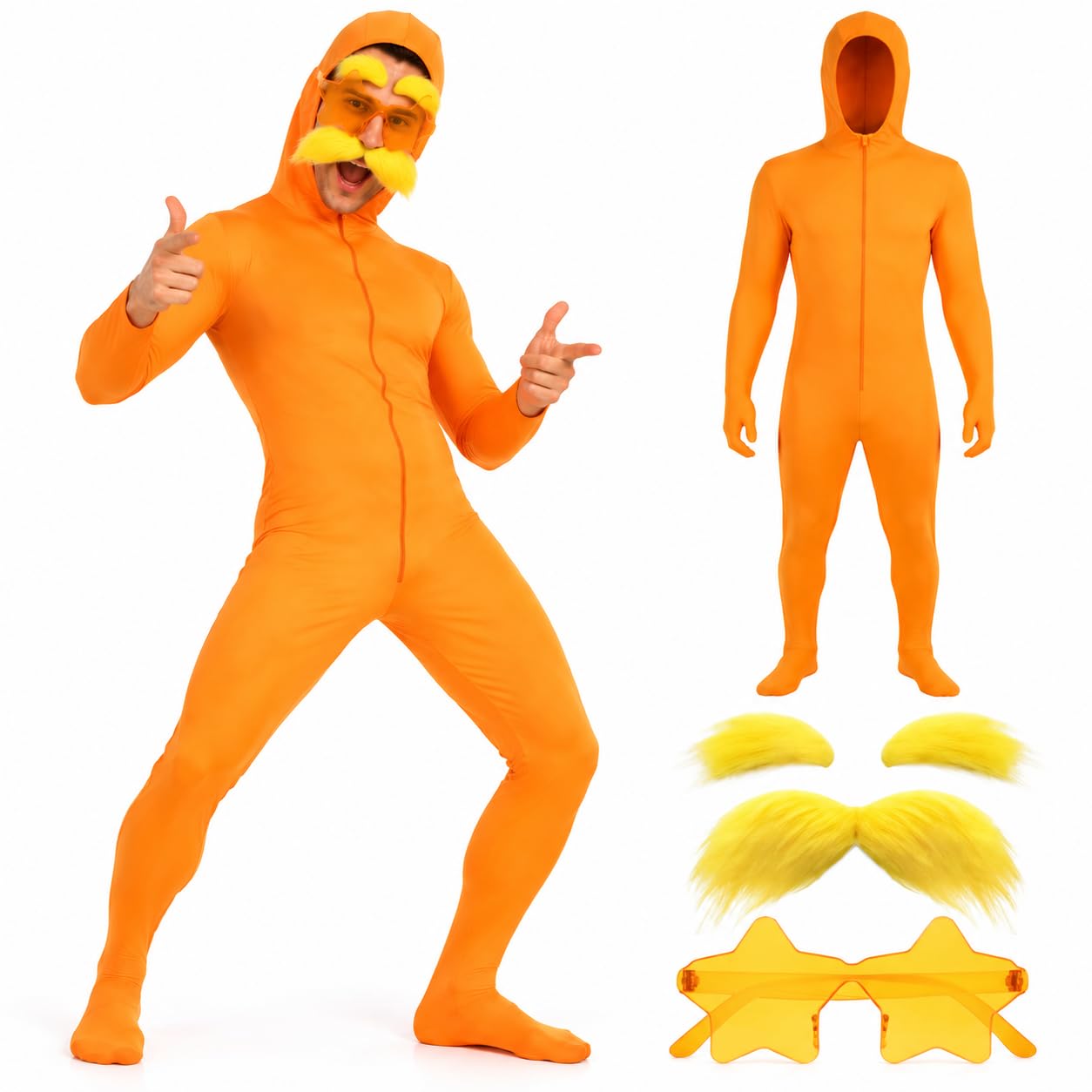 Orange Bodysuit Costume Unisex, Halloween Costumes, Full Body 2nd Skin Tight Suit Stretchy, Open Face Bodysuit Stealth Suit with Beard and Star Glasses for Carnival, Halloween, Festival Parties โ image 1
