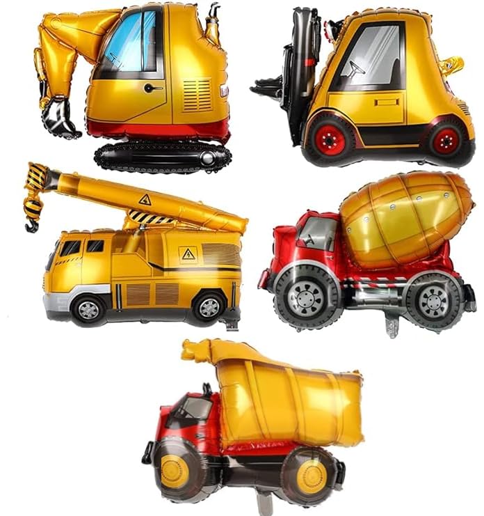 Party Port 5pc 18" Construction Theme Excavator, Dump Truck, Concrete Mixer, Crane & Fork Lift Foil Balloon for Birthday & Theme Celebrations