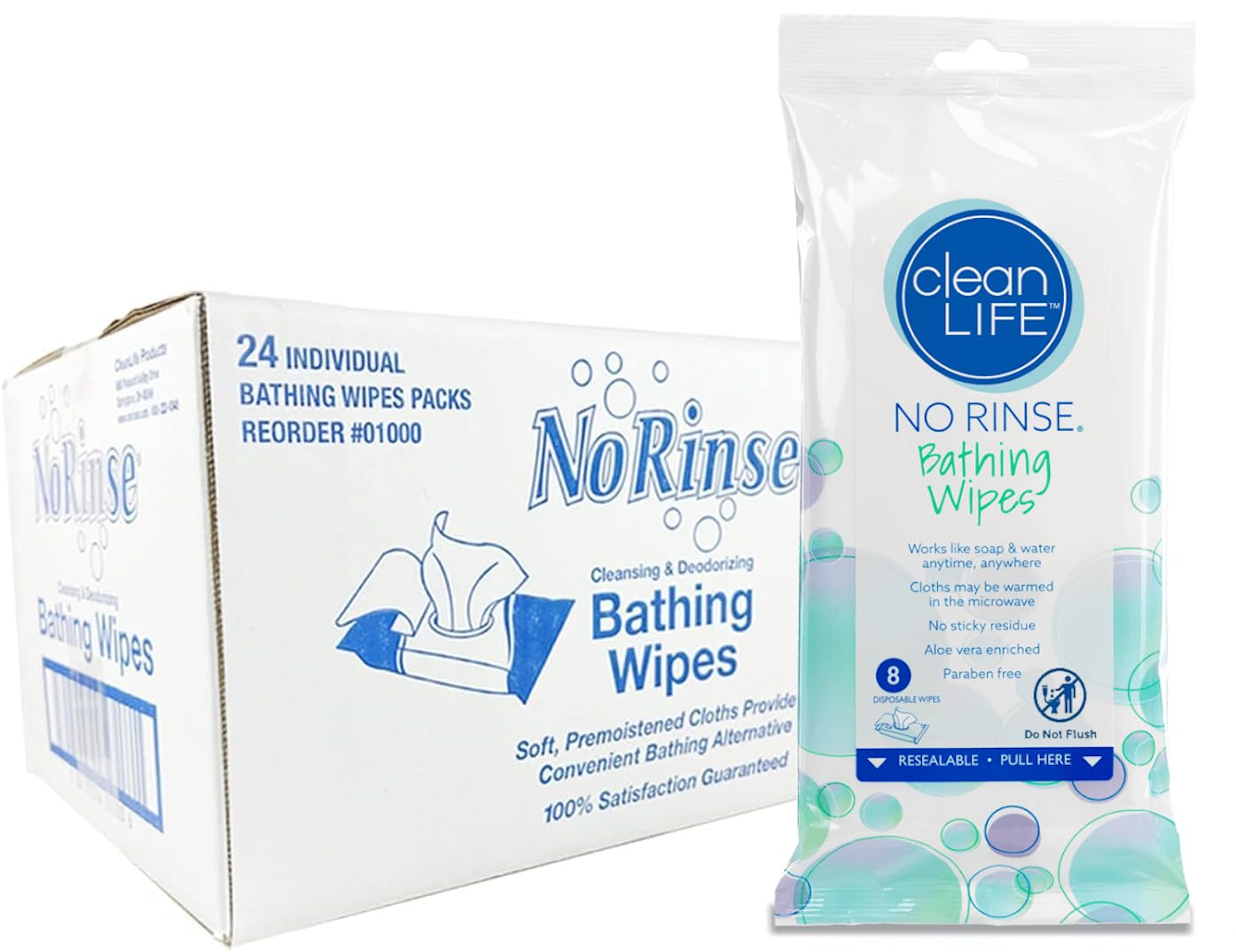 Cleanlife No-Rinse Bathing Wipes (24 Packs of 8) - 192 Disposable Body Wipes | Cleansing Bath Wipes for Adults, Elderly, Camping, Hospital | Rinse-Free Personal Care for Travel, Bedridden, Dementia