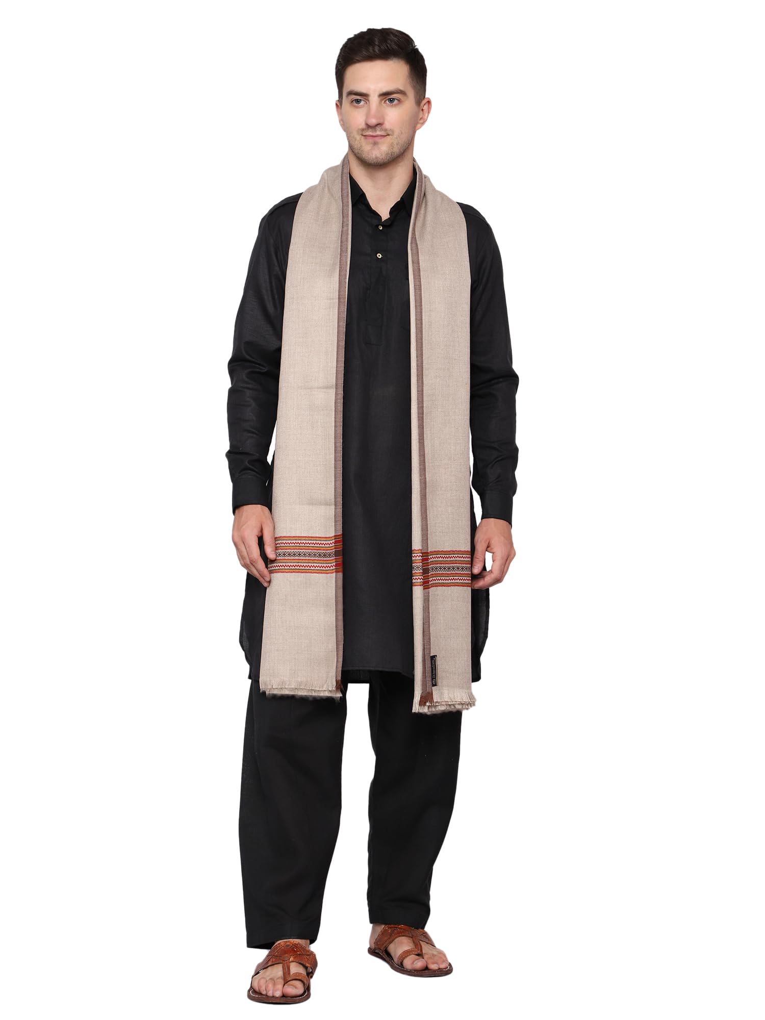Weavers Villa Men's Poly Wool Kullu Border Lohi Shawl (Light Grey), 112Cm X 225Cm