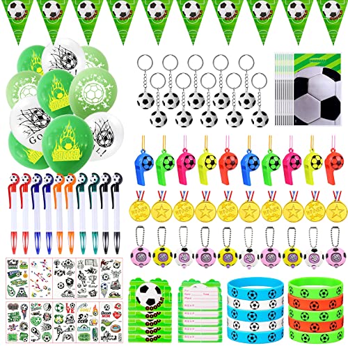 101Pcs Fußball Party Mitgebsel Kinder, Mitgebsel Kindergeburtstag Junge Mädchen, Fussball Mitgebsel Give Aways mit Luftballon, Silikonarmband, Trillerpfeife, Medaillen,Tattoo, Kugelschreiber ect Cover