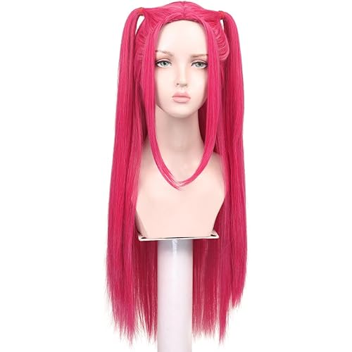 FantaLook Long Straight Hot Pink Cosplay Wig with 2 Ponytails for Women Halloween Party Costume