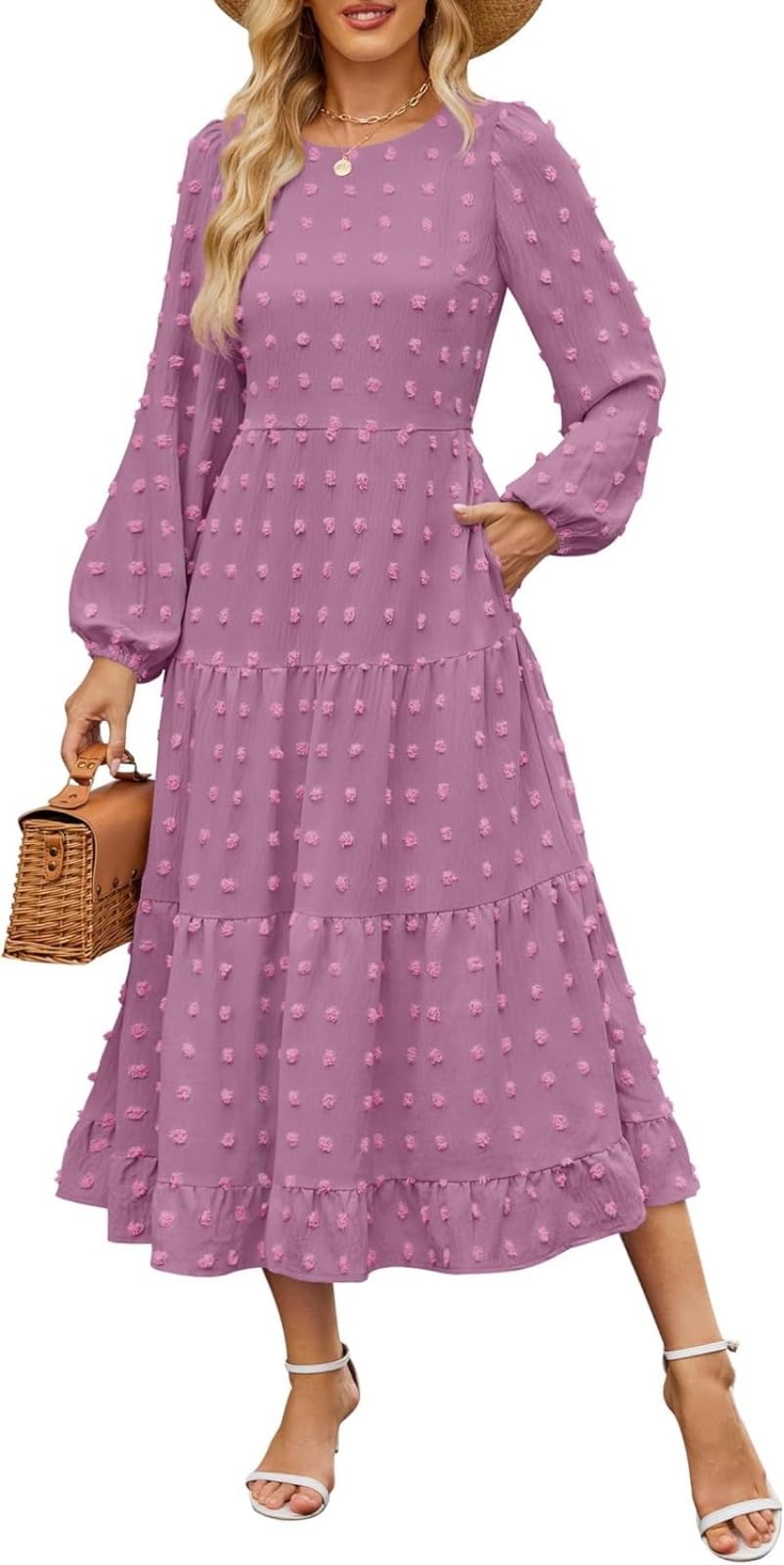 Llecdaseui Women's Purple Autumn Boho Midi Dress Swiss Dot Staggered Flowing Dress Long Sleeve Round Neck A-Line Wedding Guest Dress, S