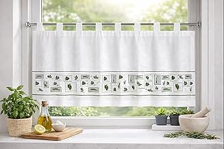 KAMACA Bistro Curtain Short Curtain with Loops and Herb Motif White Kitchen Curtain Semi-Transparent Short Curtain Kitchen & Dining Room Translucent Privacy Screen (H x W 50 x 140 cm Diana)