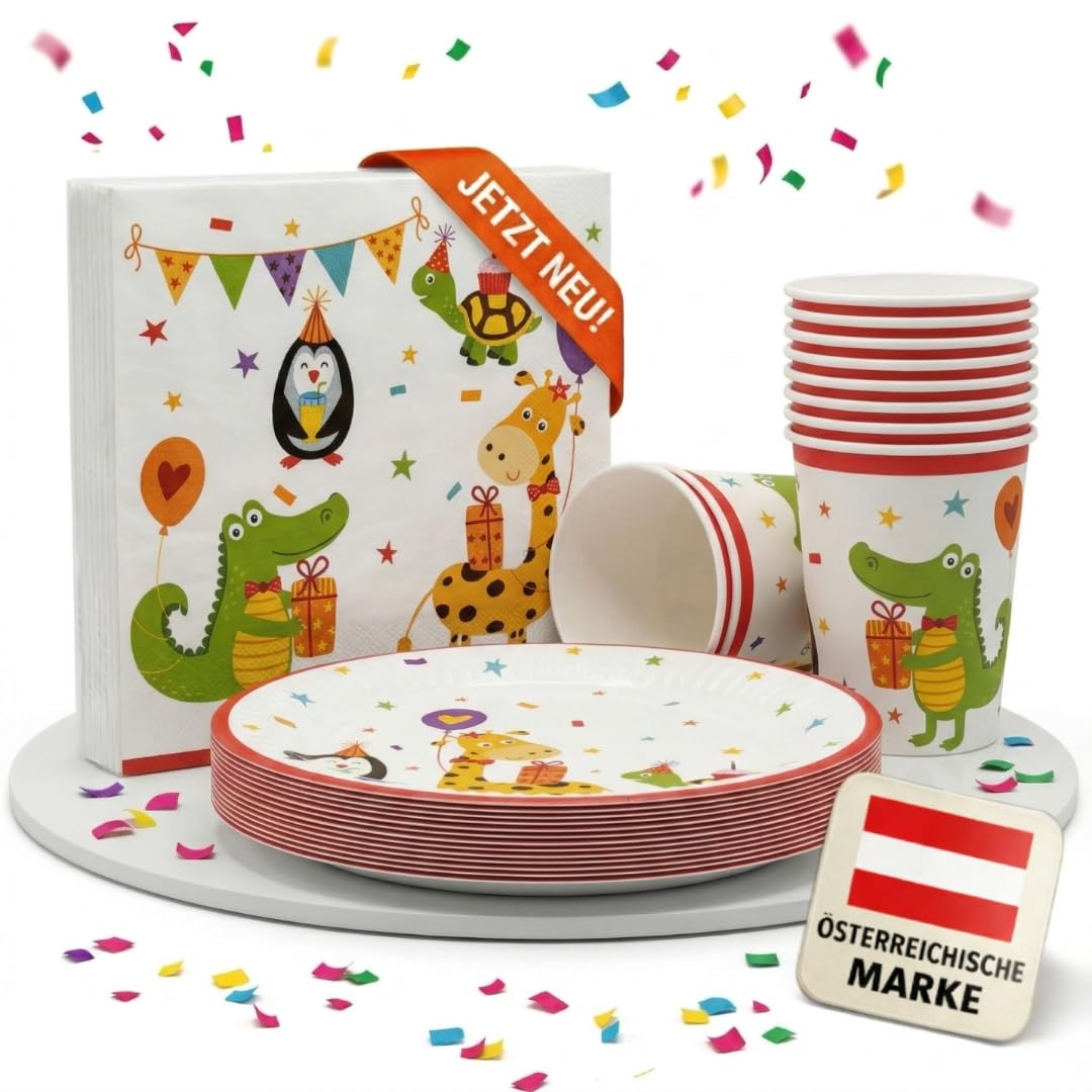EV® Partygeschirr Set für 16 Gäste, bestehend aus Pappteller, Becher und Servietten, Deko Kindergeburtstag