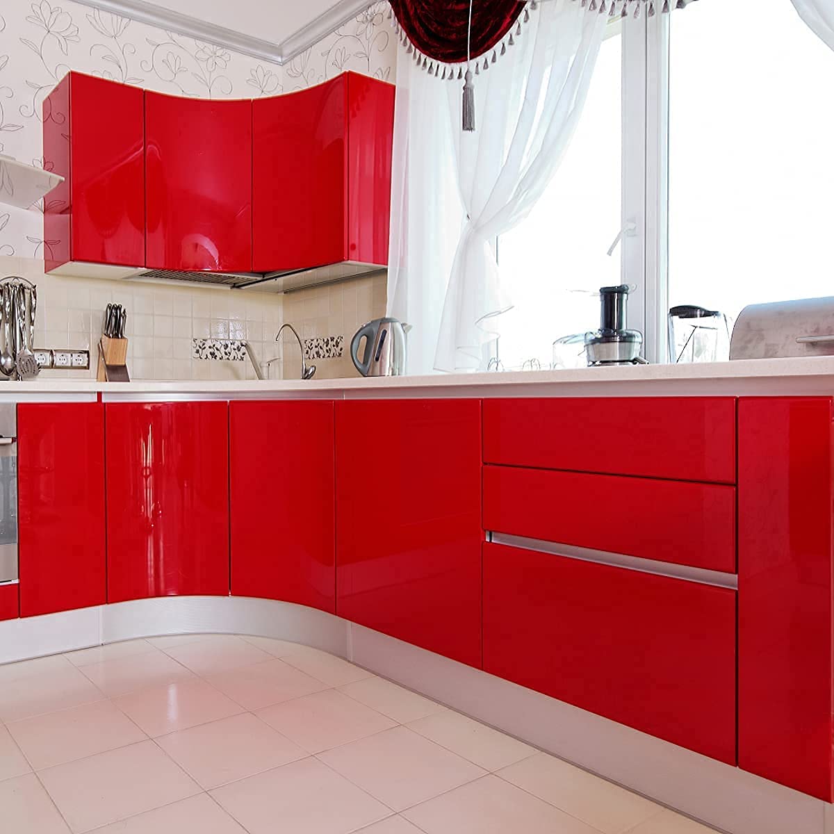 ERATO Red Vinyl Wallpaper Peel & Stick Self Adhesive Vinyl Red Contact Paper for Cabinets Countertop Kitchen Shelves Liner Waterproof Wallpaper (24x48 Inch, Red Glossy) 1