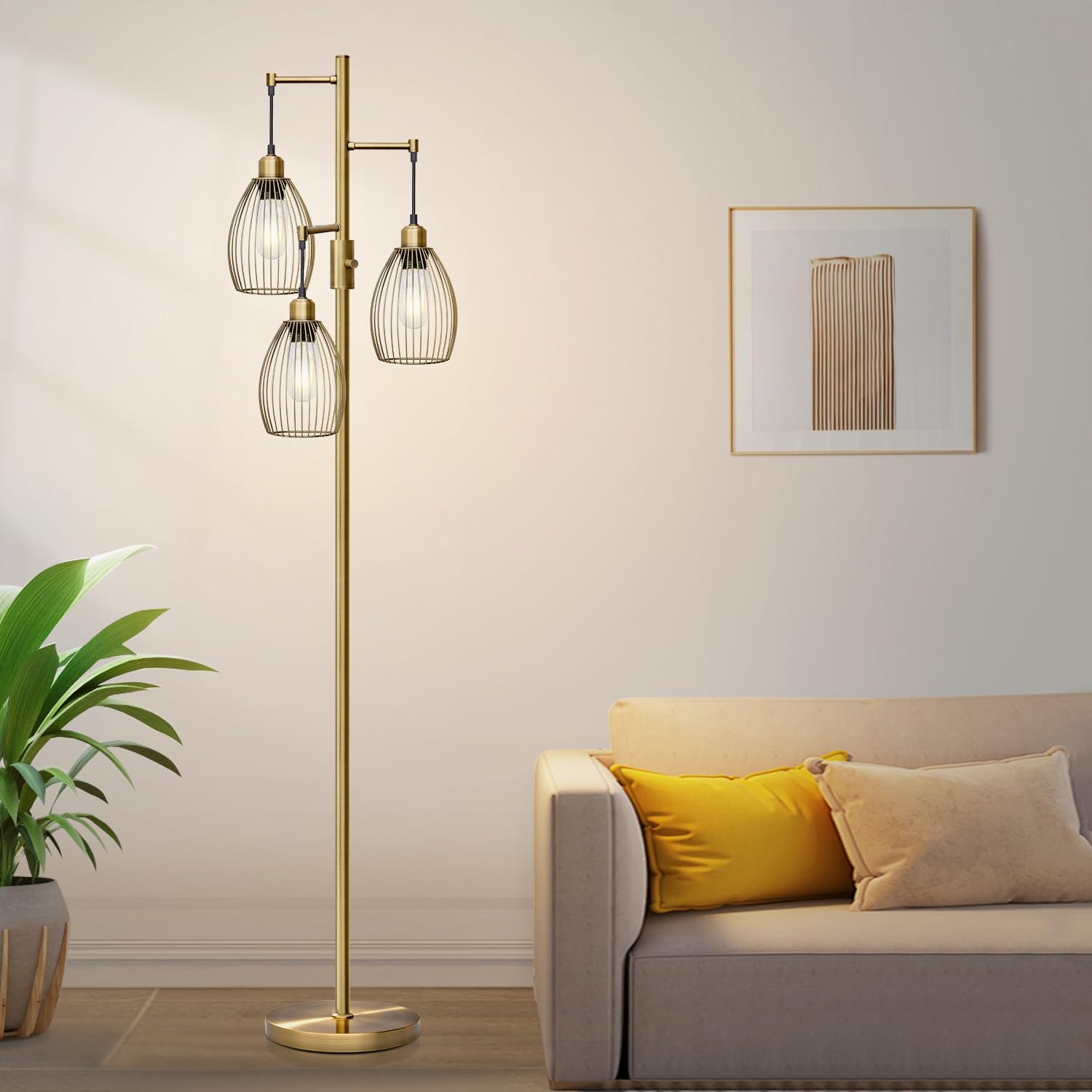 Dimmable Floor Lamp, 3 x 800LM LED Edison Bulbs Included, Farmhouse Industrial Floor Lamp Standing Tree Lamp with Elegant Teardrop Cage Tall Lamps for Living Room Bedroom Office Dining Room-Brass