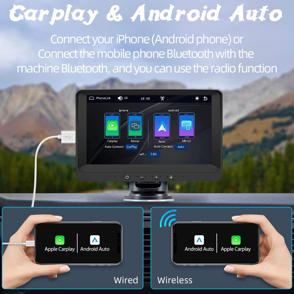 portatile Autoradio compatibile for Apple Carplay wireless Android Auto, 7" IPS Bluetooth Monitor per auto Altoparlante integrato Lettore multimediale con Mirror Link Trasmettitore FM/AUX/USB/TF
