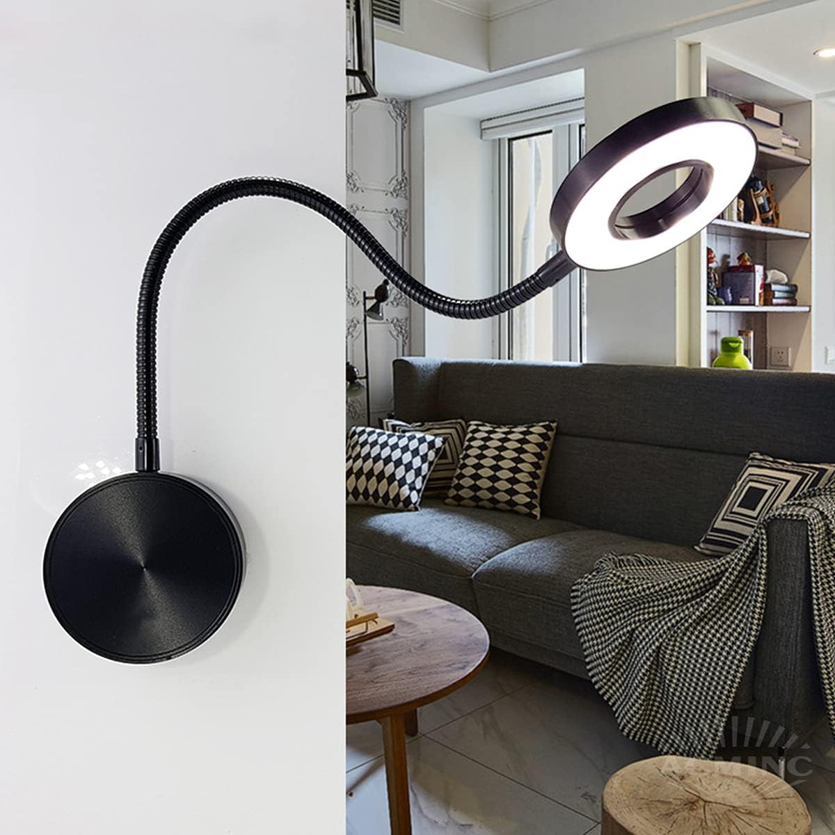 LED Gooseneck Reading Lamp Dimmable, 5W Wall Mounted Reading Lights Aluminum USB Wall Lamp Light with Switch and Cable 1.9M, Touch Reading Light for Bedrooms, Children's Rooms,Black