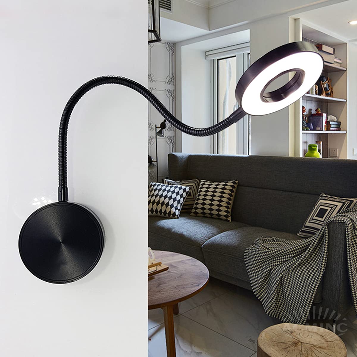 Lámpara de Lectura LED de Cuello de Cisne Regulable, 5 W, de Aluminio, con Interruptor y Cable de 1,9 m, táctil, para dormitorios y Habitaciones Infantiles, Color Negro.