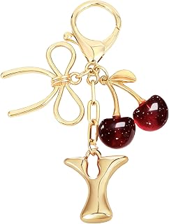 Snycler Bubble Initial Keychain with Bow & Cherry - Gold Letter Bag Charms for Women, Cute Purse Handbag Accessories