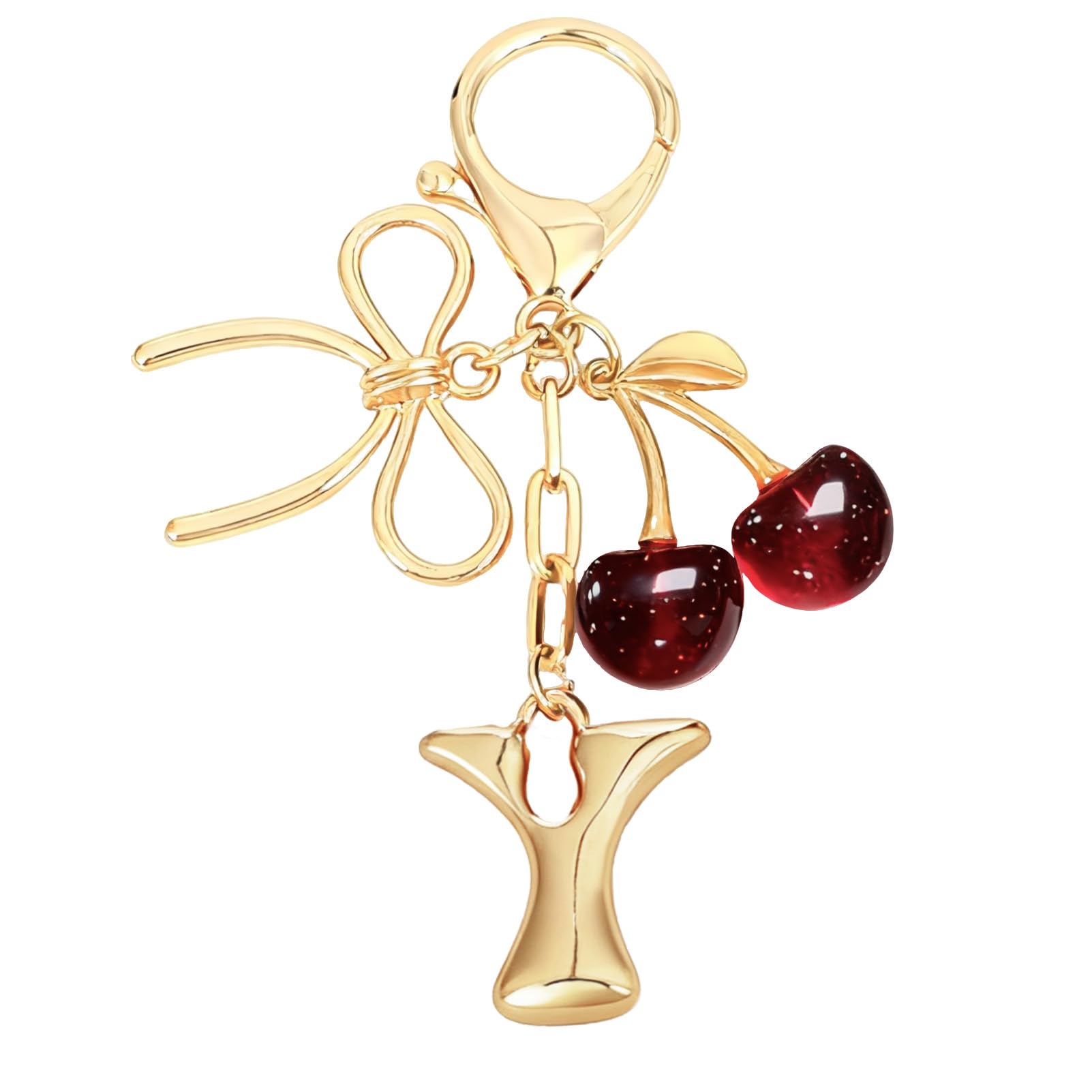 Snylcce Gold Initial Letter Y Keychain with Bow & Deep Red Cherry Cute Bag Charm for Women Purse Accessories