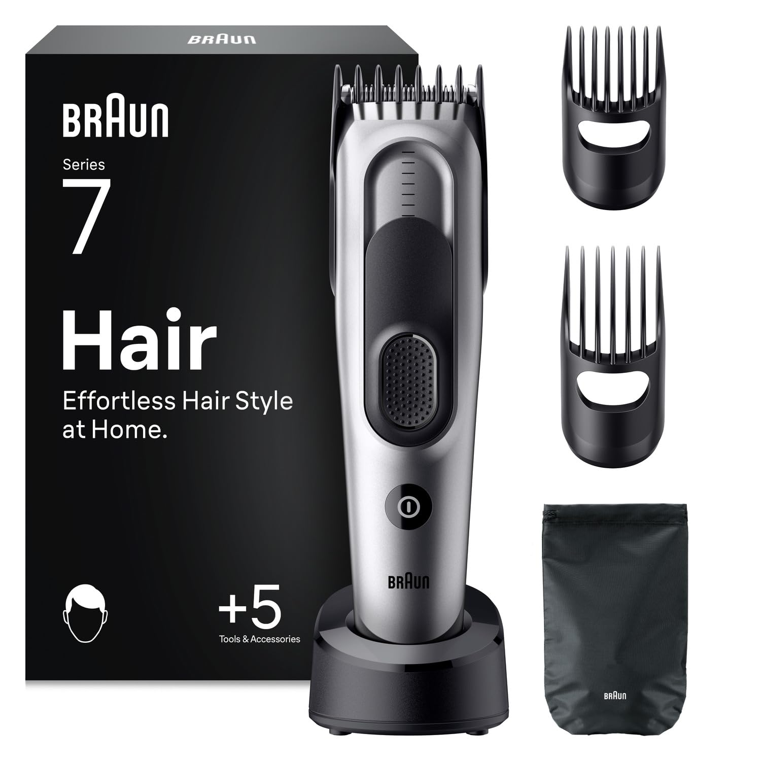 Braun Tondeuse Electrique Homme, à Cheveux, Series 5 HC7590, Grise | Lavable, sans Fil, Batterie Rechargeable, Coffret avec 2 Sabots et 17 Longueurs, Lames Affutées