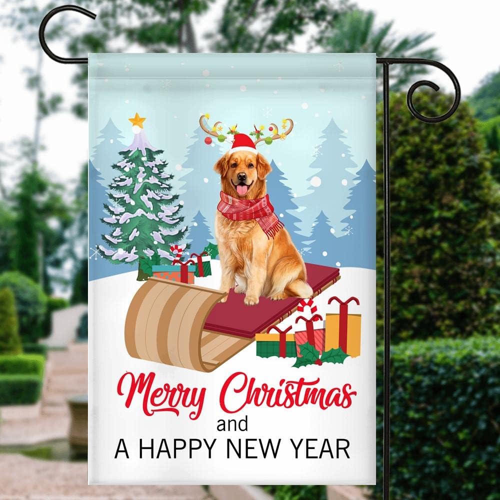 Dog Golden Retriever Christmas Flag Merry Christmas and Happy New Year Welcome Gift for Dog Lovers (12*18inch) USA Garden Flag Premium Decorative Yard Outdoor Flags Multicolor