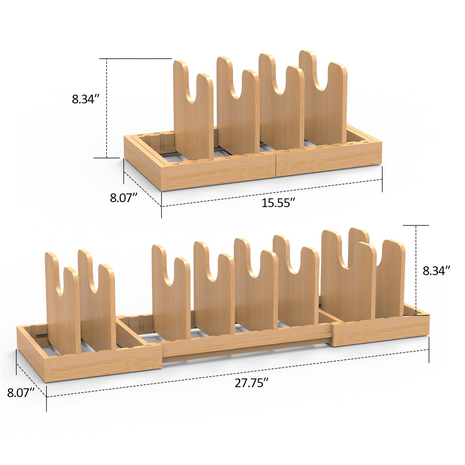 Erweiterbarer Topfdeckel-Organizer, Bambus-Topf- und Pfannen-Organizer für Unterschrank, 40,6 cm bis 71,1 cm, verstellbare Länge und 8 Trennwände