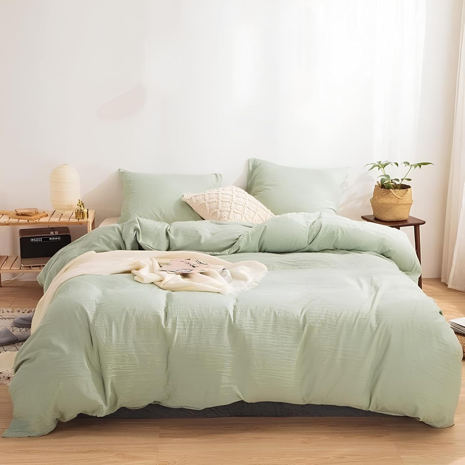 INDACORIFY Juego de funda de edredón de algodón lavado verde salvia, juego de ropa de cama bohemio, tamaño individual, matrimonial, queen, king,