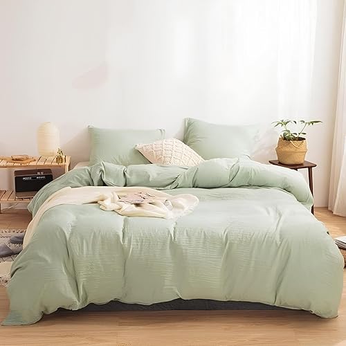INDACORIFY Juego de funda de edredón de algodón lavado verde salvia, juego de ropa de cama bohemio, tamaño individual, matrimonial, queen, king,