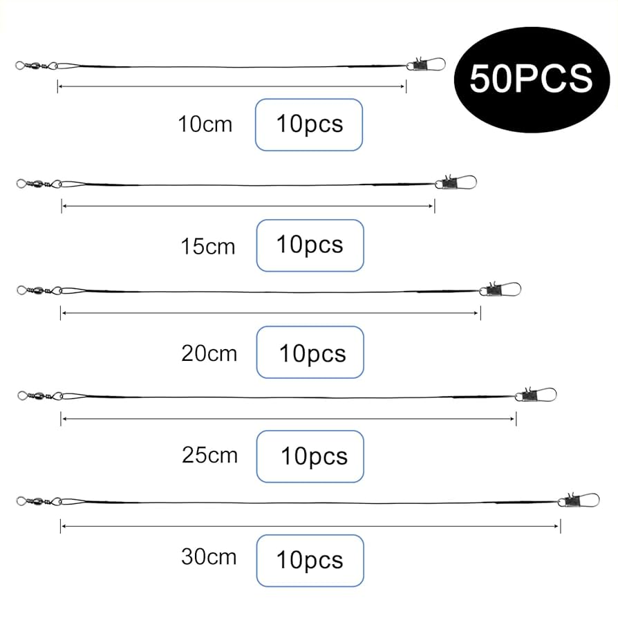50 PCS Fishing Wire Leaders, 5 Size 10/15/20/25/30cm Fish Line Fishing Accessories With Rolling Swivels And Snaps, For Saltwater And Freshwater