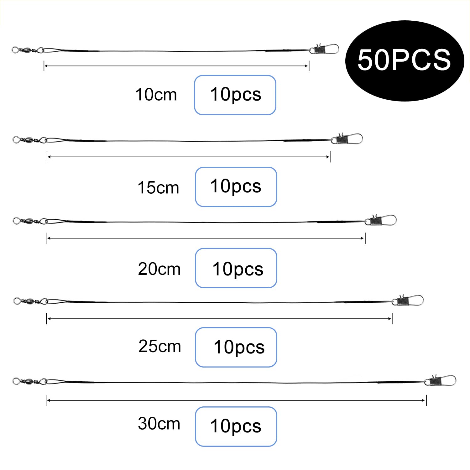 Línea de Pesca Antimordeduras de Acero Inoxidable 50 Unidades 10cm 15cm 20cm 25cm 30cm para Agua Salada y Agua Dulce