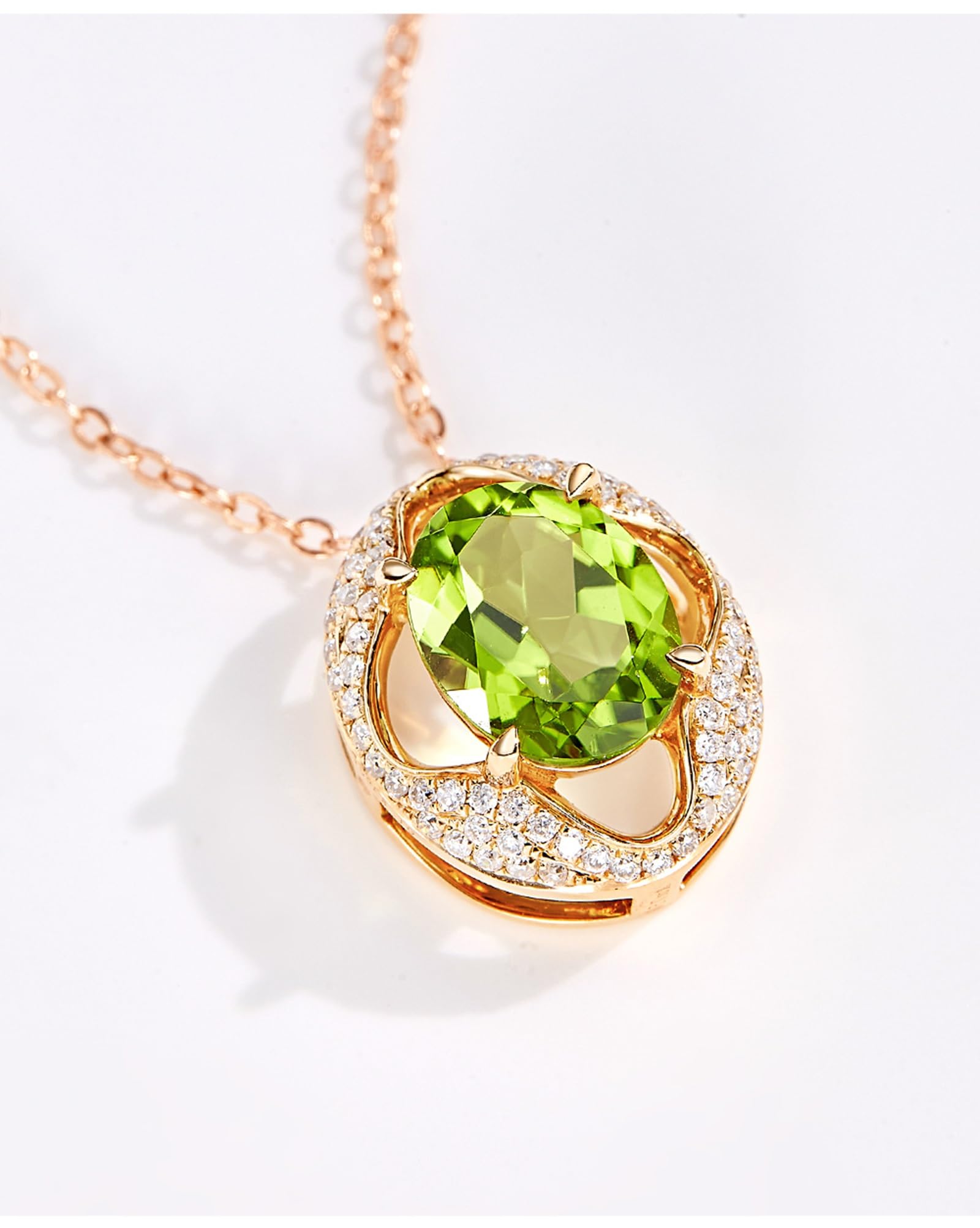 Collares para mujer a la moda, colgante de flor hueca de oro amarillo con peridoto ovalado de 1,7 quilates y diamante