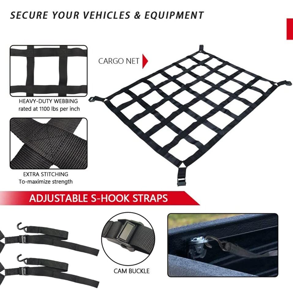 Gepäcknetz Auto Kofferraum Netz mit Nockenschnallen und S-Haken, Kofferraumnetz Heavy Duty Cargo Netz Pick Up Gepäcknetz Autodecke Dach Universal Netztasche für Trucks LKW SUV,127cmx106cm