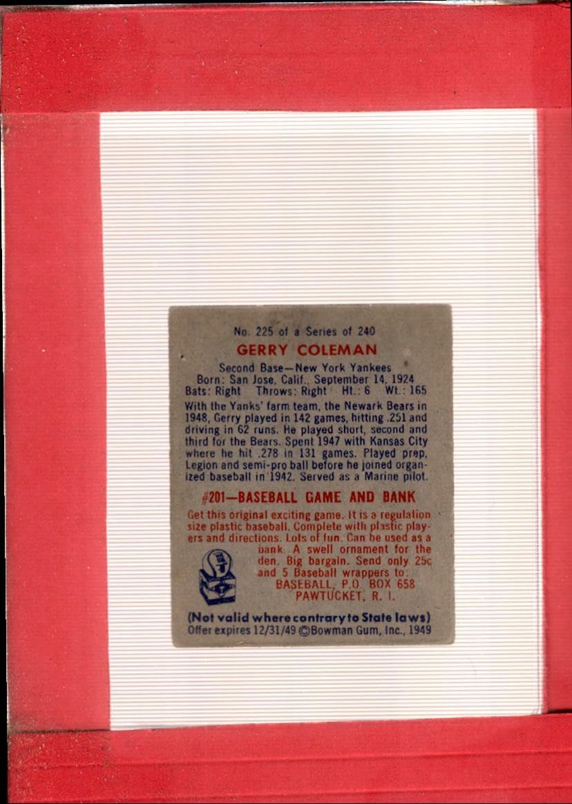 1949 Bowman #225 Jerry Coleman VG/EX Very Good/Excellent RC Rookie New York Yankees Baseball