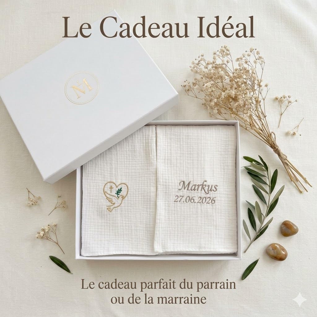XIAOMA Écharpe de Baptême Personnalisée Bébé avec Broderie Prénom et Date – Étole Baptême en Double Gaze de Coton – Cadeau Baptême Garçon Fille avec Coffret Cadeau – Fabrication sous 48h