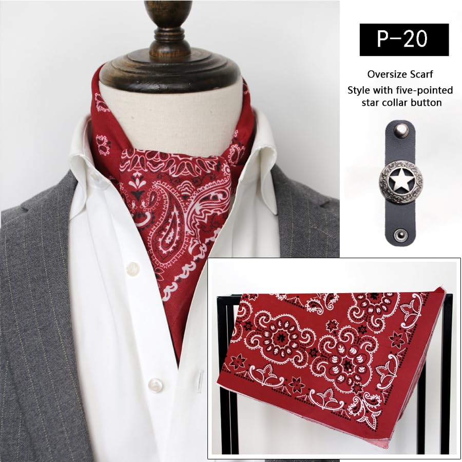 27.5 * 27.5 inches Oversize Bandana Scarf with Star Concho, Red Paisley Pattern, Handmade Leather Square Scarf Buckle Ring, Gifts for Men3