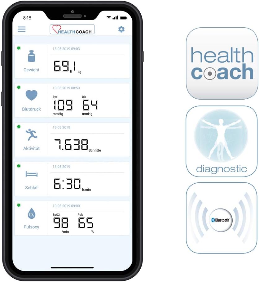 Screenshot of the Sanitas HealthCoach app displaying various health metrics like weight, blood pressure, activity, sleep, and SpO2.