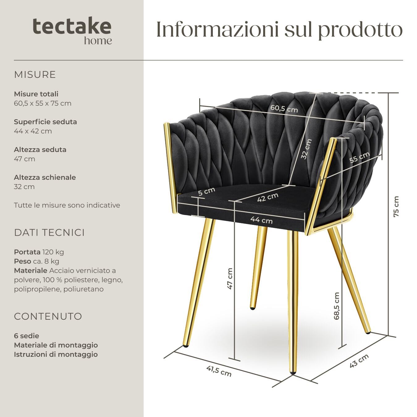 tectake® Set di 6 Sedie da Pranzo con Braccioli, Sedie Soggiorno in Velluto Extra Fine, Design Elegante a Nodo, Poltrone Velluto con Morbida Imbottitura, Sedie per Sala da Pranzo Versatili - Nero/Oro