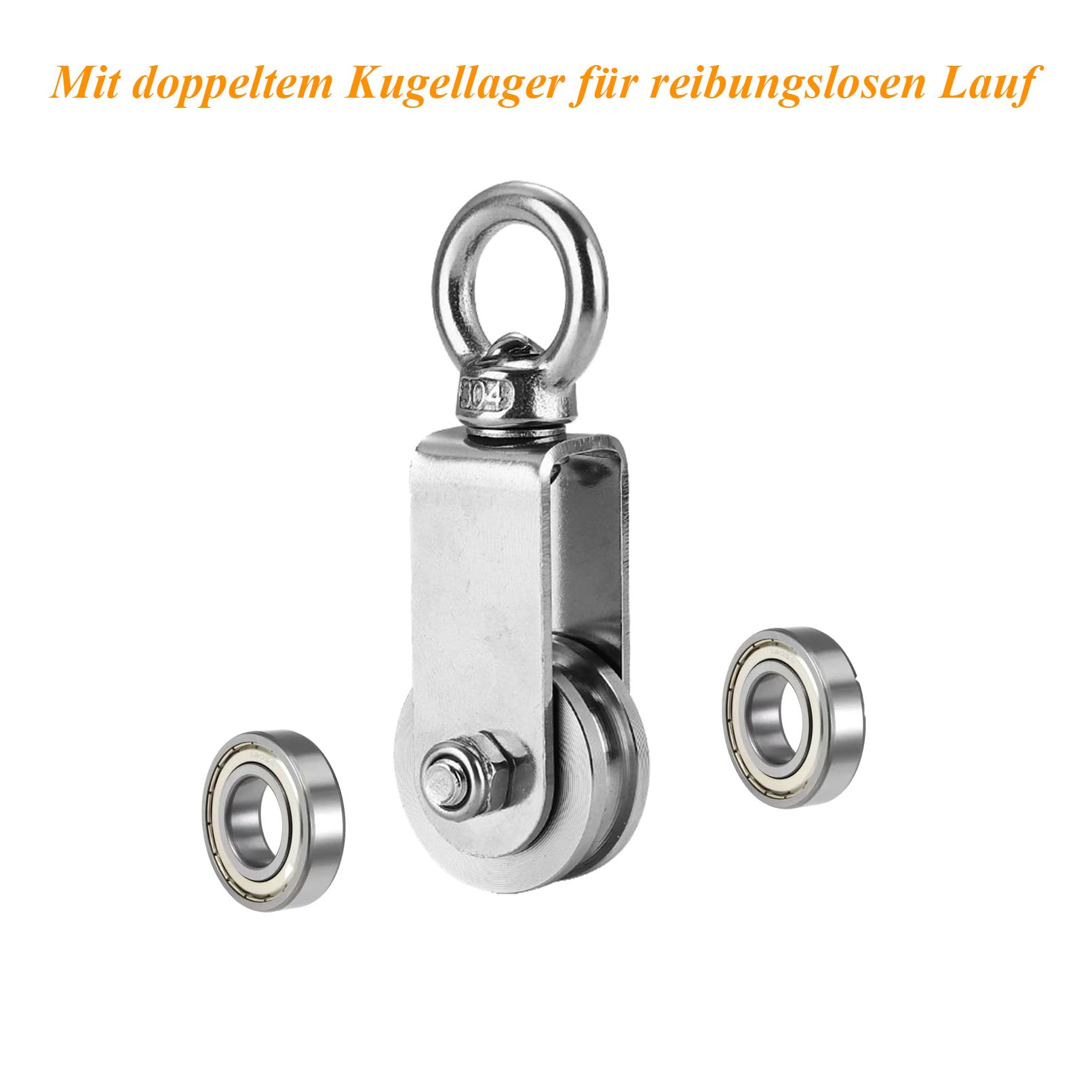 34mm Edelstahl-Umlenkrolle mit M6 Federkarabiner 250kg belastbar für Seile & Stahlseil Professionelle Snatch Block mit Doppelkugellager für Bauwesen Industrie Fitness Outdoor (4er Pack)