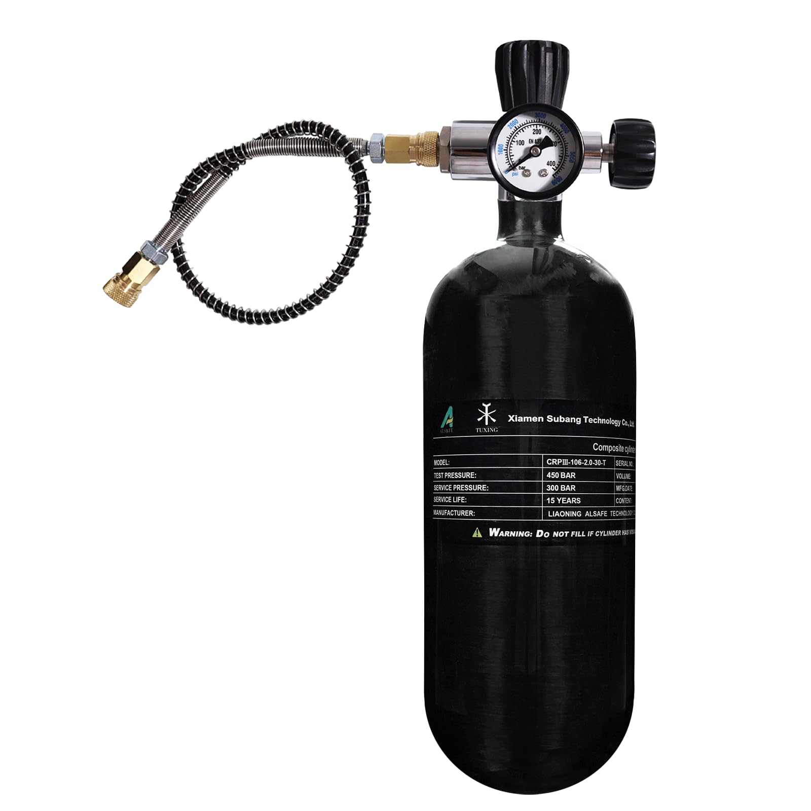 TUXING Réservoir à air en fibre de carbone 4500psi 2 l (bouteille d'empty & station de remplissage de paintball avec valve double calibre pour PCP Air Rifle, plongée, snorkeling, sports nautiques