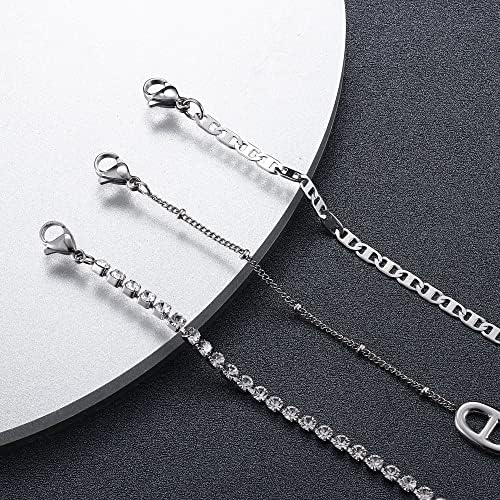 MILACOLATO Stainless Steel Chain Bracelet For Women Adjustable, 18K Gold Plated CZ Bracelet Set, Silver Figaro Cuban Tennis Chain Bracelet Twist Herringbone Chain Bracelet Stackable Bracelet Jewellery