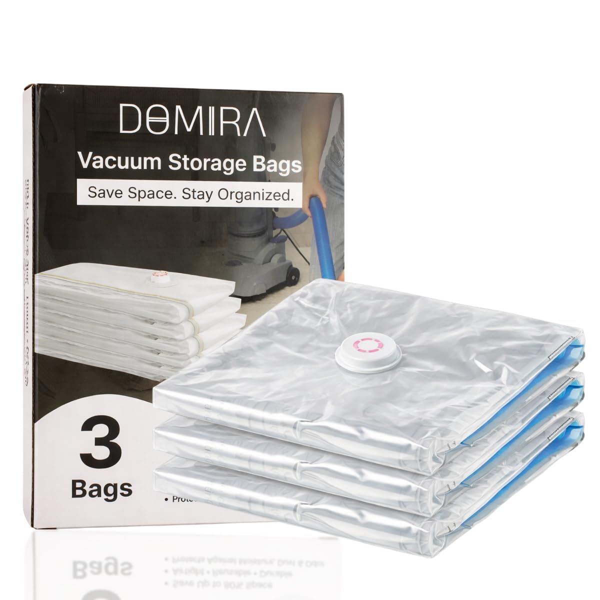Domira Clear Vacuum Storage Bags – Space Saver Bags For Clothes, Duvets, Travel – Airtight Compression Seal – Reusable, Heavy Duty Vacuum Bags (Medium, 6Pk)
