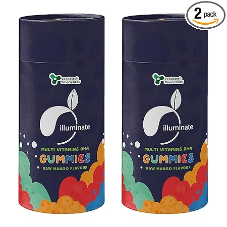 illuminate Multivitamin-DHA Gummies for Kids, Teenagers, Men, Women, Adults with Essential Vitamin A, B, C, D3, Zinc, Iron | Healthy Growth Immunity Booster (60 Gummies Supplement, Raw Mango Flavor)