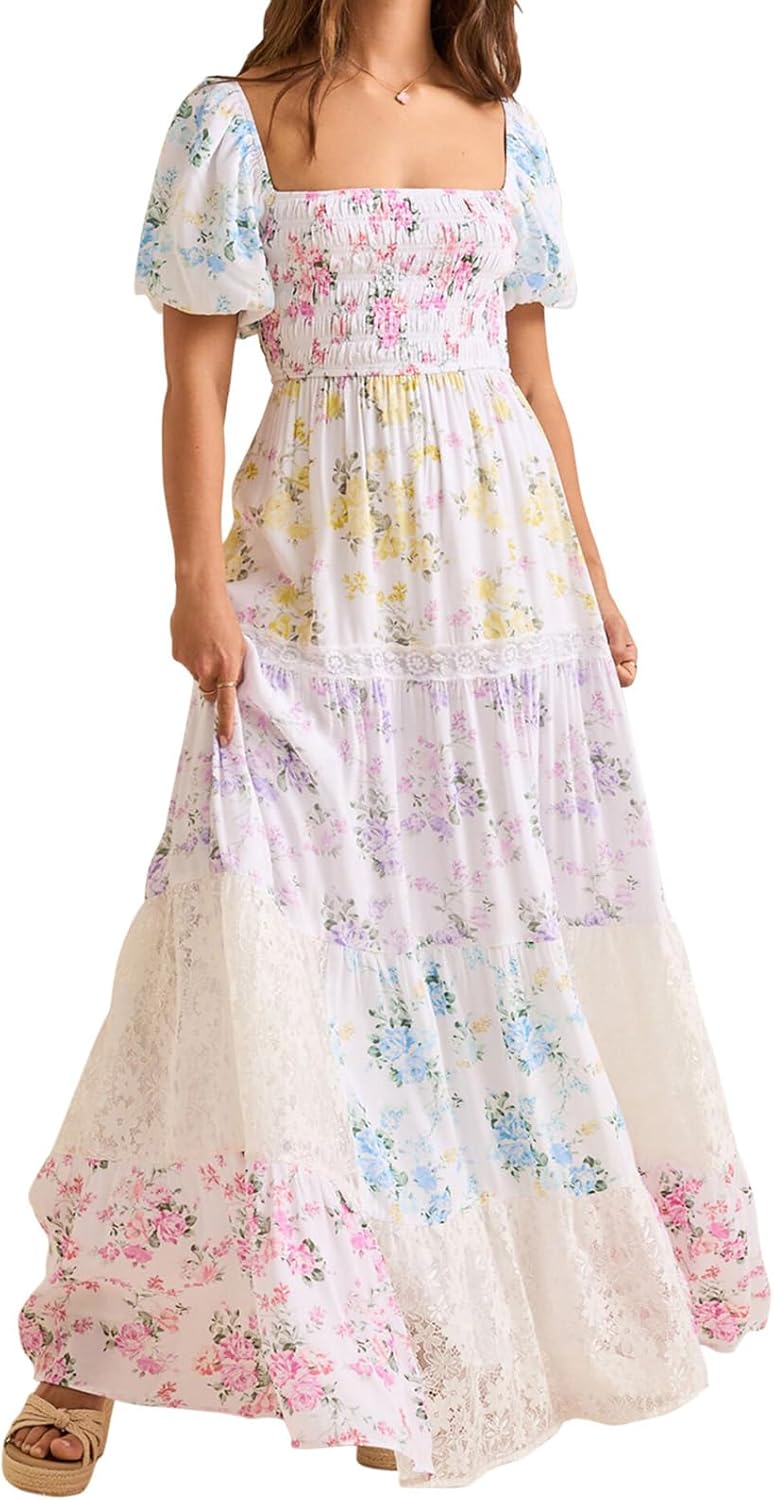 Women Patchwork Dress Y2k Floral Puff Short Sleeve Maxi Dress Summer Boho Smocked Tiered Ruffle Beach Sundress