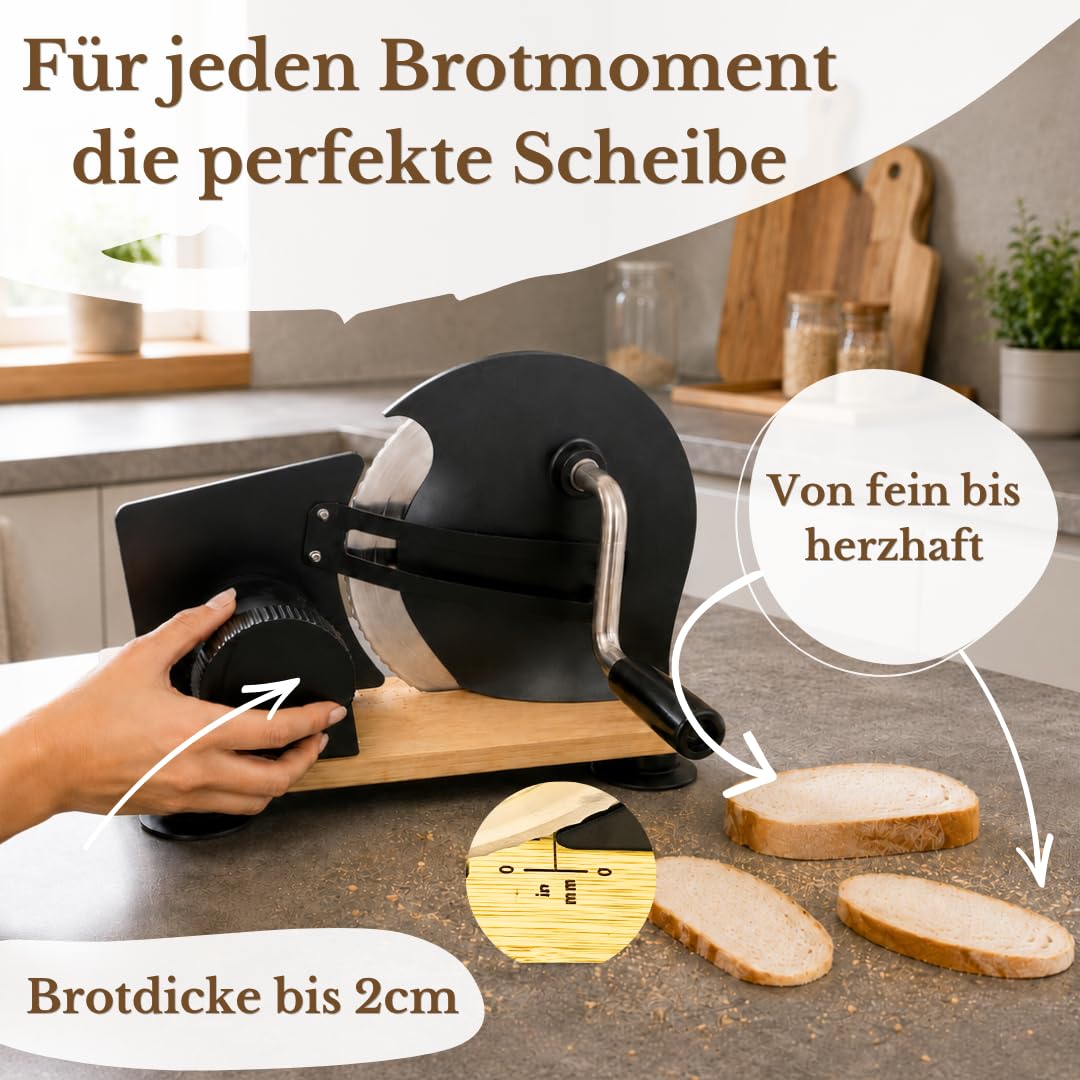 Likama Brotschneidemaschine manuell Edelstahl mit Kurbel, Set mit 2 Brotbeutel aus Leinen, bread slicer ohne Strom, Brotmaschine, Allesschneider, Schneidemaschine (Schwarz)