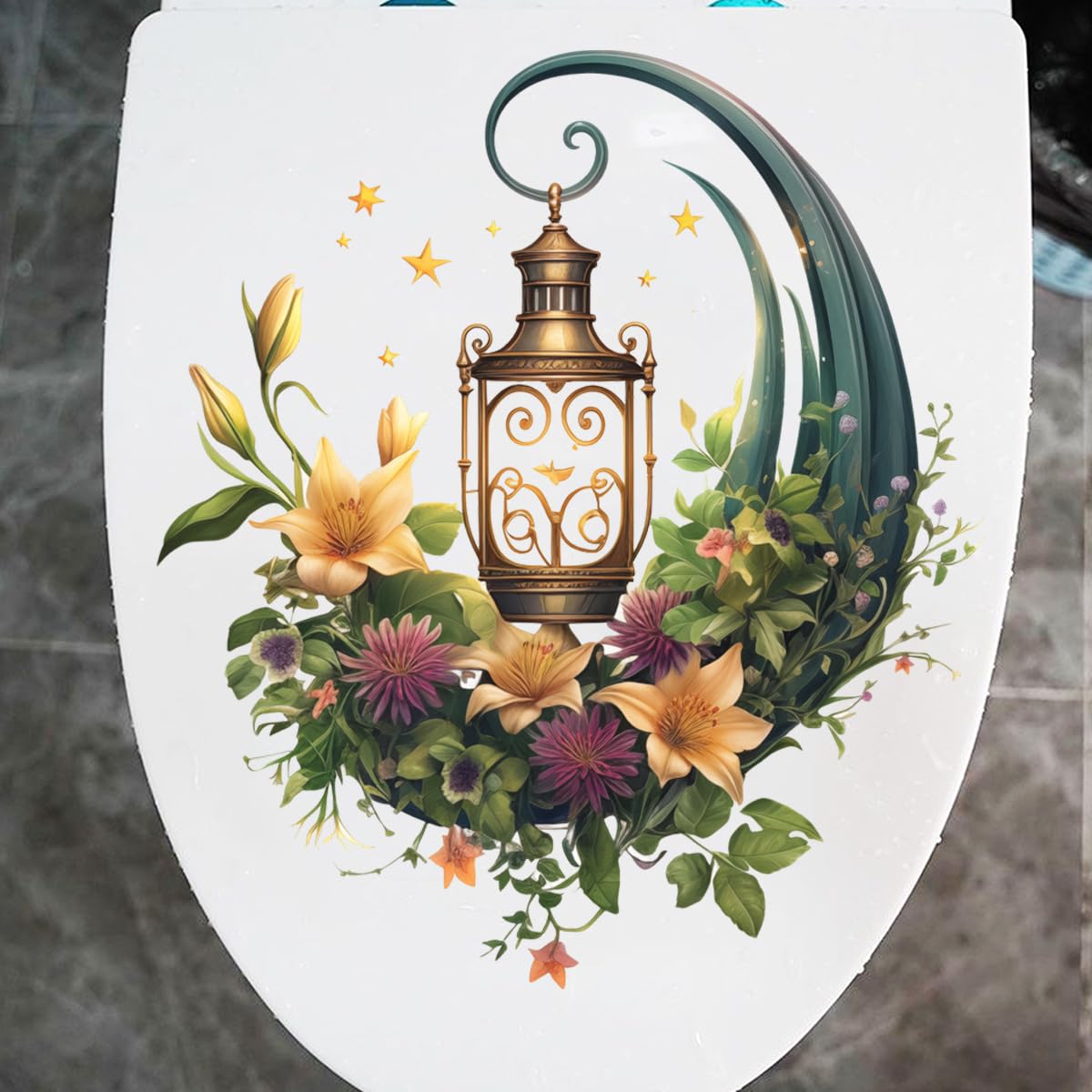 Street Lamp Moon Butterfly Toilet Cover Sticker Decals,Spring Butterfly Leaf Waterproof Toilet Lid Tank Seat Decals Cistern Self-Adhesive Bathroom Wall Sticker
