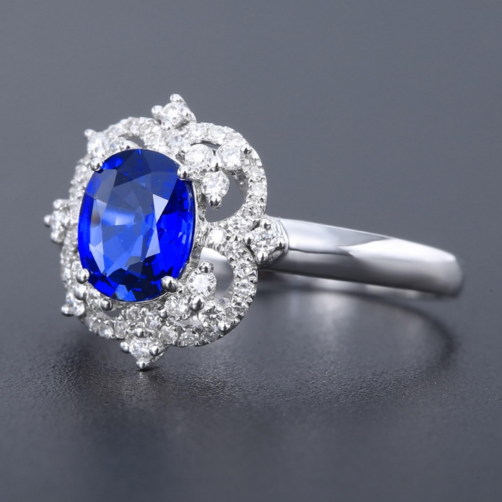 Anello celebrità in oro bianco 18 carati blu zaffiro ovale, fedi nuziali ovali a forma di fiore con zaffiro da 1,26 carati e diamanti anelli da donna misura 14 (17,2), 14 (17,2), metallo prezioso,
