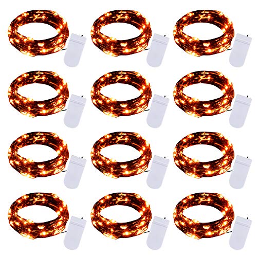 Halloween Orange Fairy String Lights: 12 Pack 7 Ft 20 LED Battery Operated Firefly Lights on Black Wire Starry Moon Lights for DIY Party Bedroom Patio