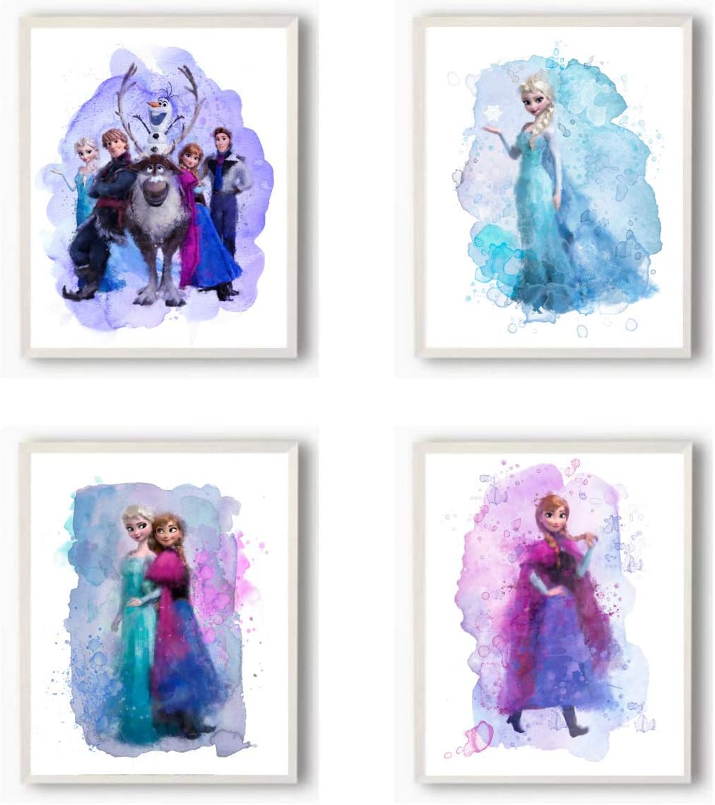 HerZii PrintsFrozen Wall Art Decor - Watercolor Poster - Birthday Party Supplies & Bedroom Decor For Girls - Anna, Olaf, Kristoff, Elsa Party Decorations (8x10 UNFRAMED)