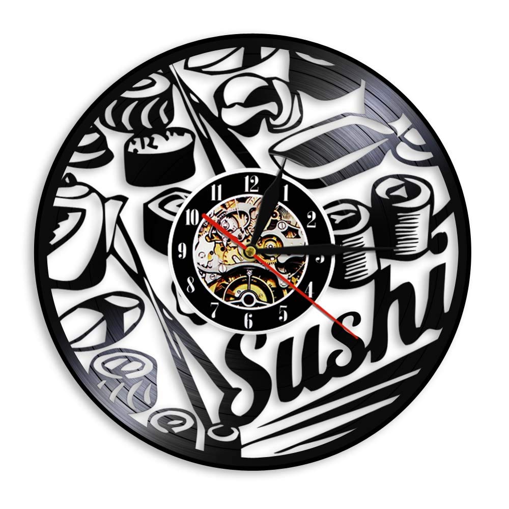 Orologio da parete con disco in vinile e cibo delizioso giapponese Orologio da parete vintage con decorazione di arte della parete Orologio Sashimi senza ticchettio Regalo per amante del sushi Diame