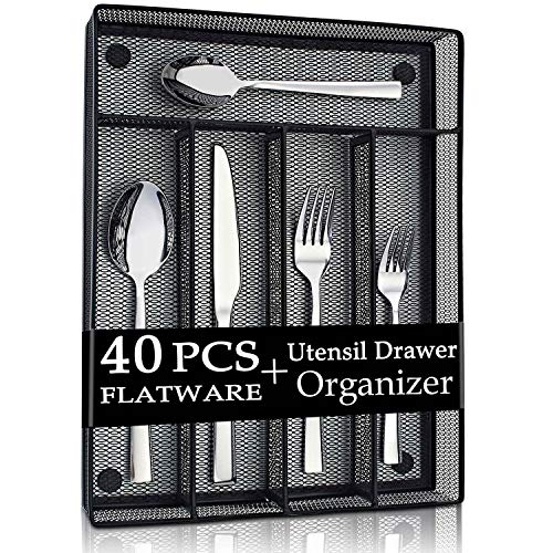 LIANYU 40-Piece Silverware Set with Drawer Organizer, Stainless Steel Square Flatware Cutlery Set